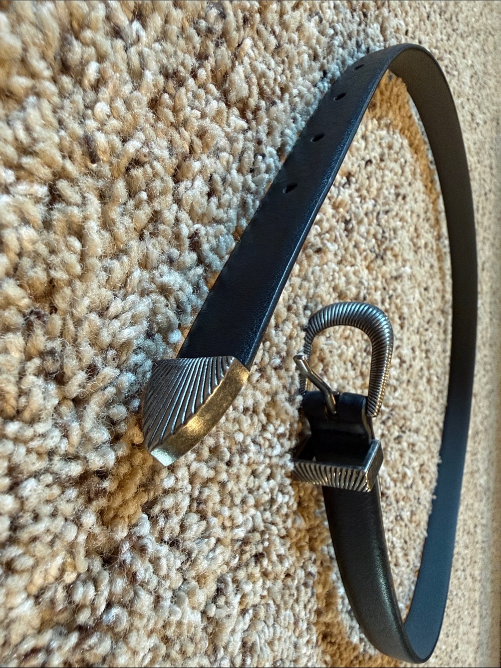 Black Leather Belt with Decorative Silver-Tone Buckle